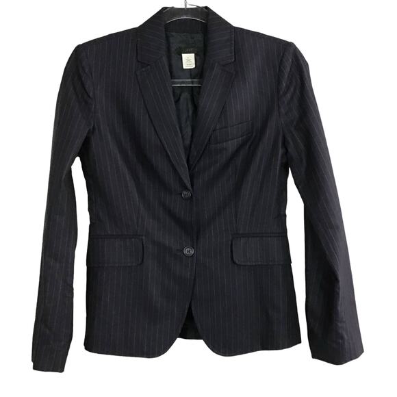 J CREW Classic Dark Navy Blue Gray Pinstripe Tailored Jacket Blazer sz 0 - Picture 2 of 7